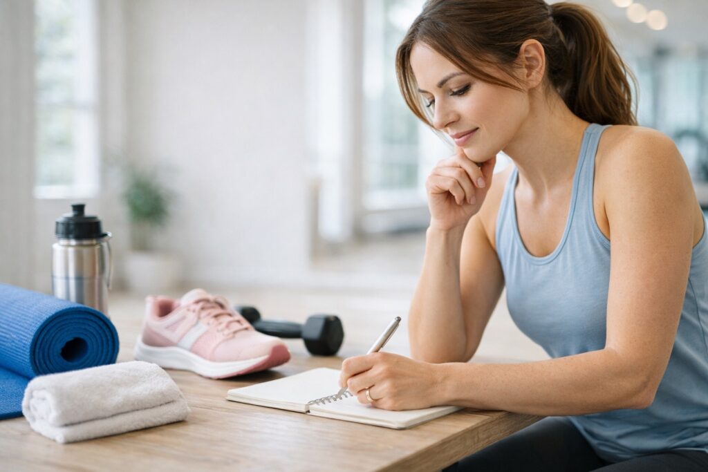 Nő sportválasztási jegyzetekkel és edzőfelszereléssel a döntési útmutatóhoz