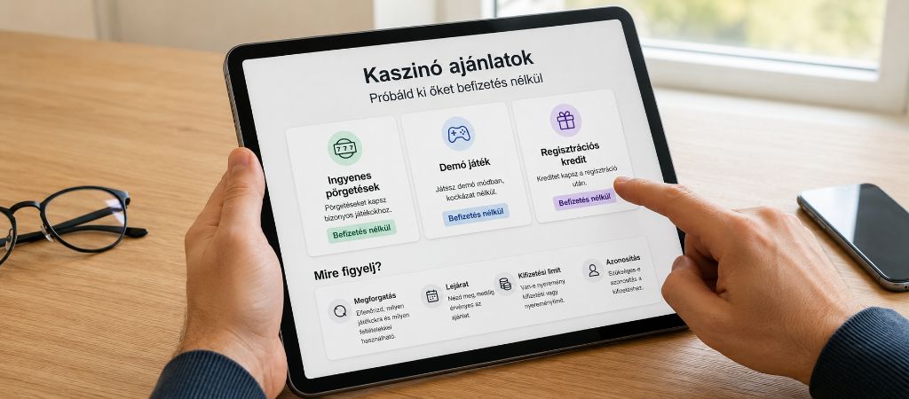 Online kaszinó befizetés nélküli ajánlatai tableten, ingyenes pörgetésekkel, demójátékkal és regisztrációs kredittel.